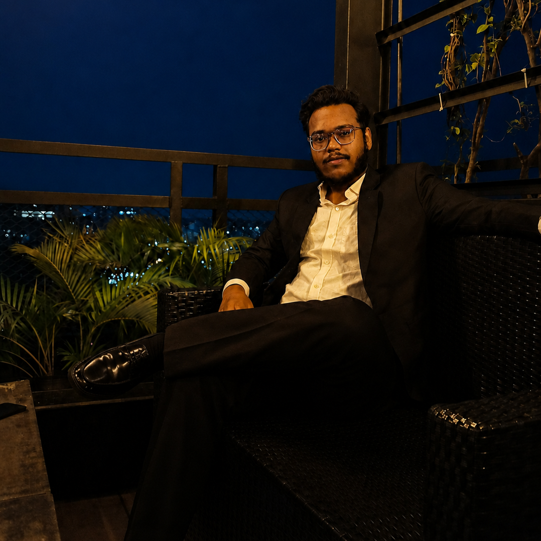 Ibrahim Hossain, Founder and CEO of AllOfTech, photographed on a rooftop at night in Dhaka
